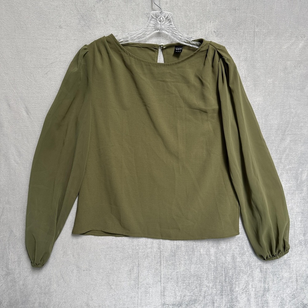 SheIn‎ Blouse Womens Medium Green Chiffon Long Balloon Sleeve Boat Neck Top